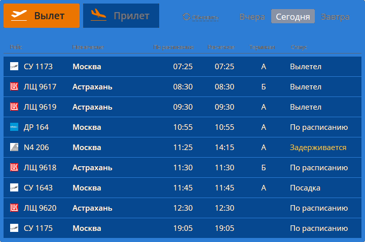 Онлайн-табли аэропорт Астрахани